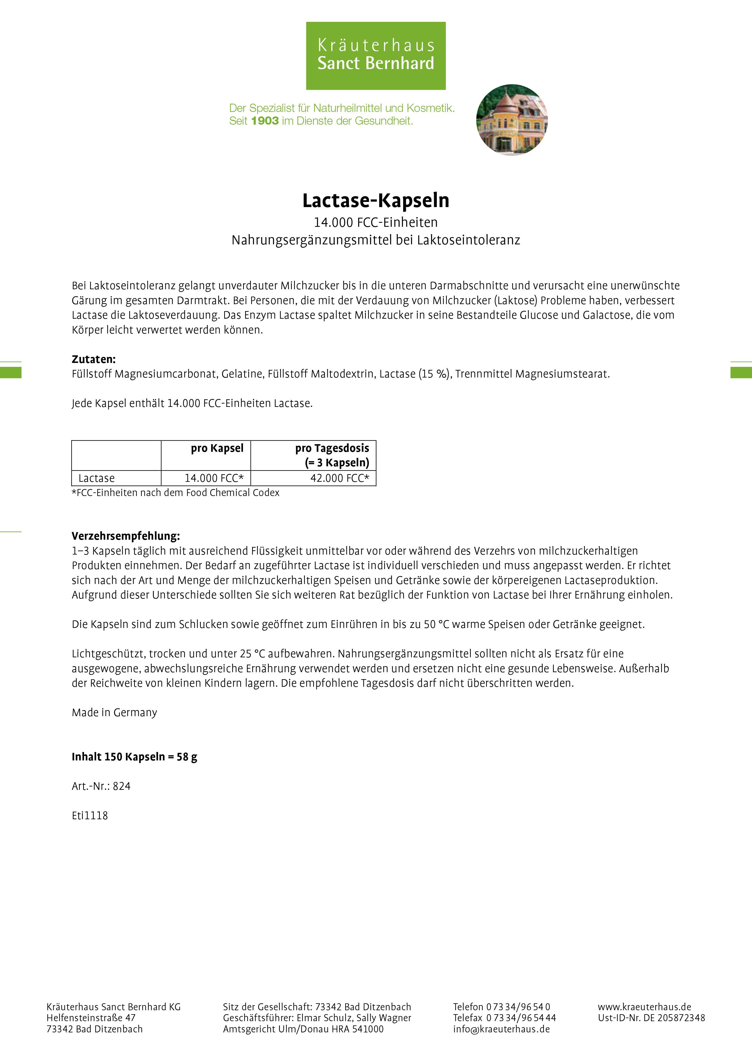 Sanct Bernhard Lactase-Kapseln 14.000 FCC-Einheiten 150 St Kapseln