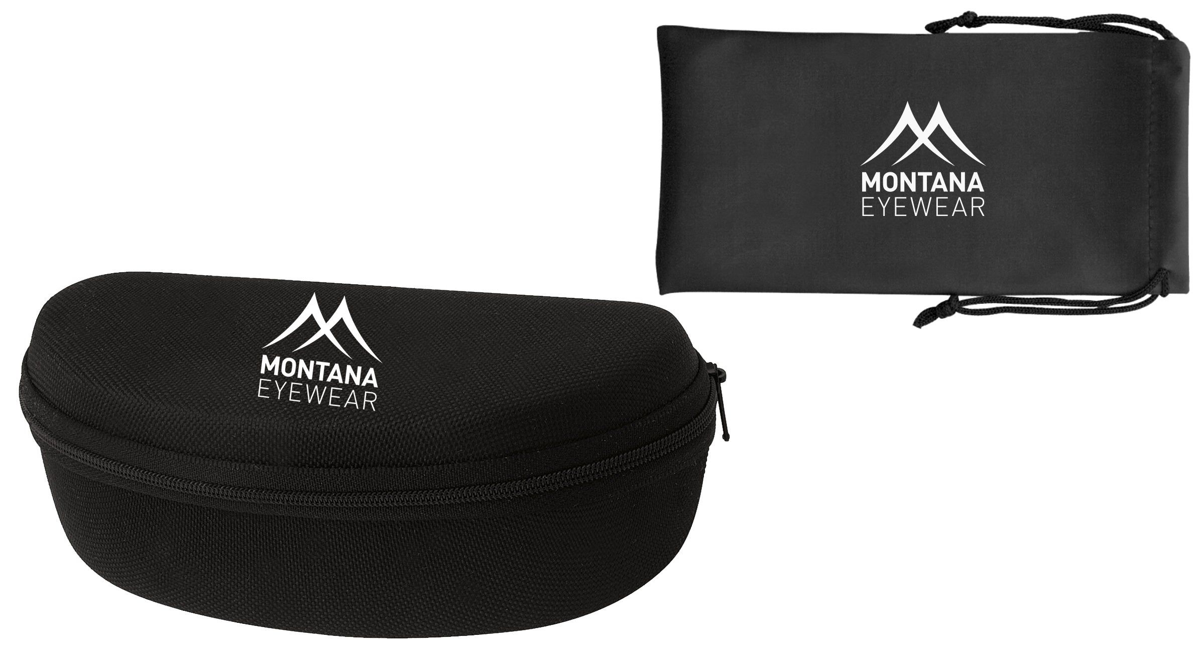 Schwarzes Brillenetui und Beutel mit "Montana Eyewear" Logo. Reißverschluss am Etui.
