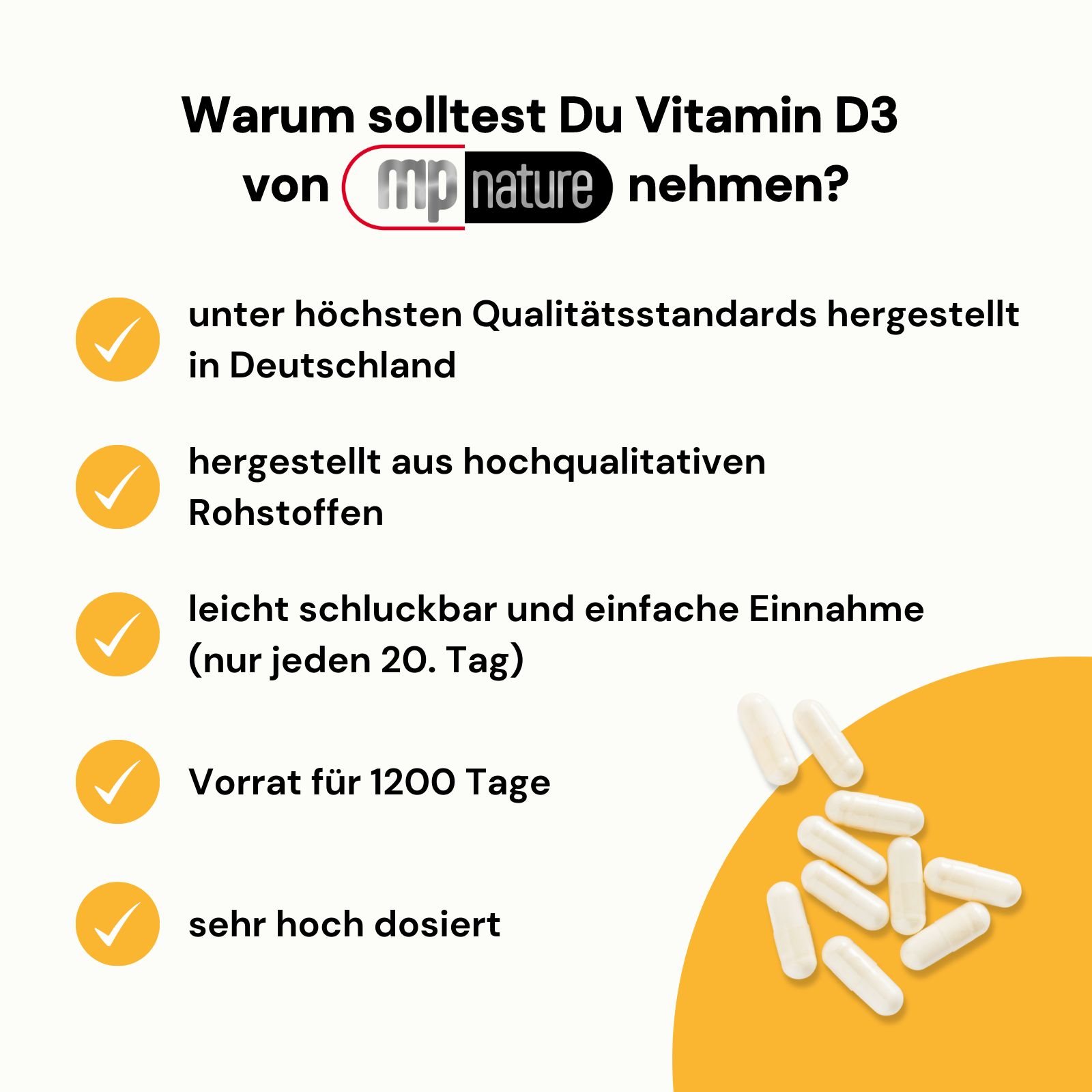 Grafik mit Fragen zu Vitamin D3 von MP Nature. Text: hergestellt in Deutschland, aus Rohstoffen, leicht schluckbar, etc. Kapseln.