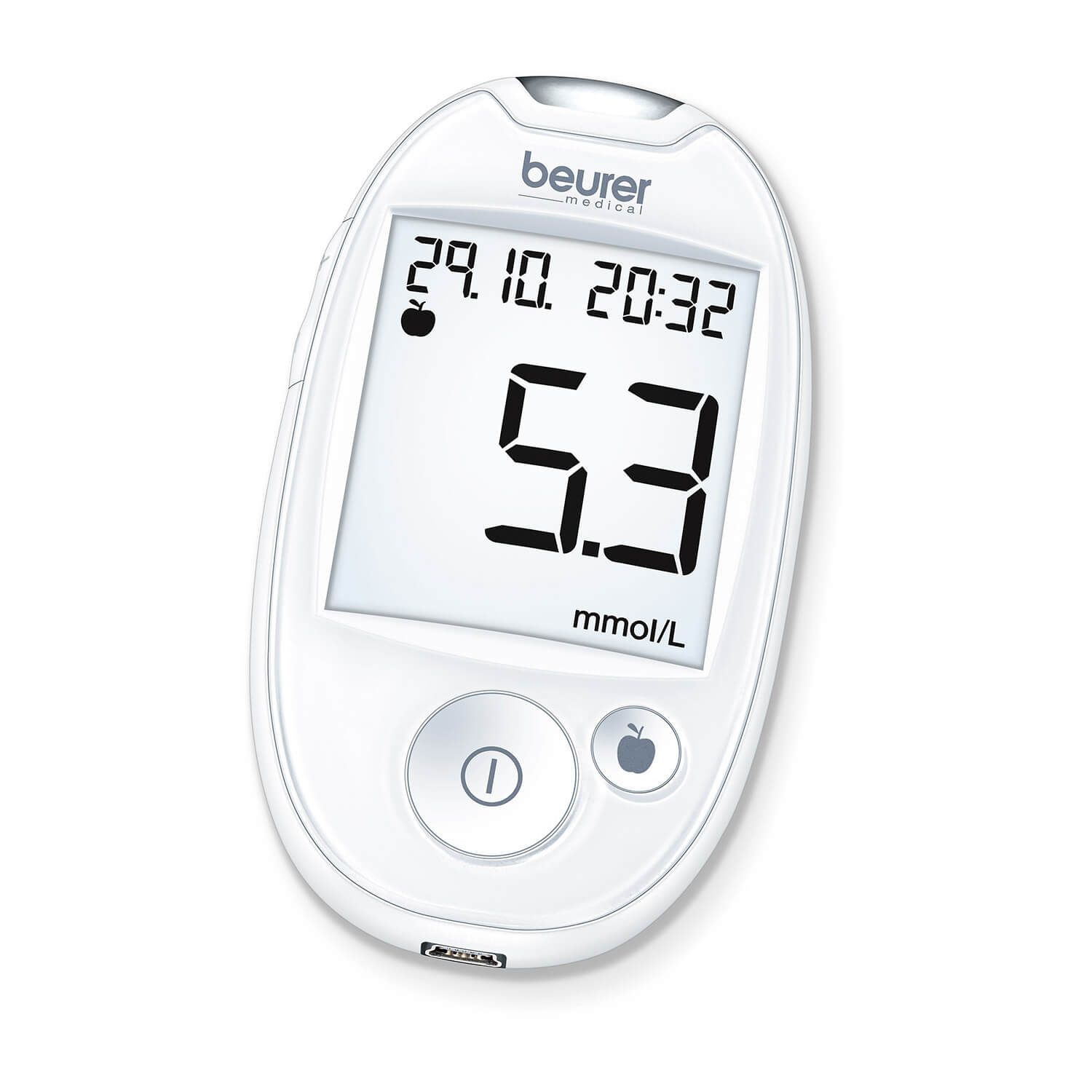 Beurer Blutzuckermessgerät mit digitaler Anzeige von Datum, Uhrzeit und Messergebnis 5.3 mmol/L.