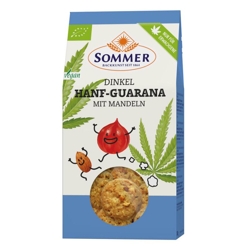Verpackung mit Sommer Dinkel Hanf-Guarana Cookies. Sichtfenster zeigt Kekse. Aufdrucke: "Vegan", "Nur für Erwachsene".