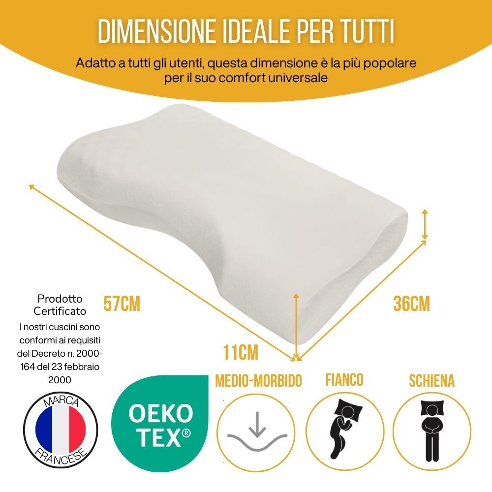 Cuscino con dimensioni. Testo: 57cm x 36cm x 11cm. Prodotto certificato. Oeko-Tex.