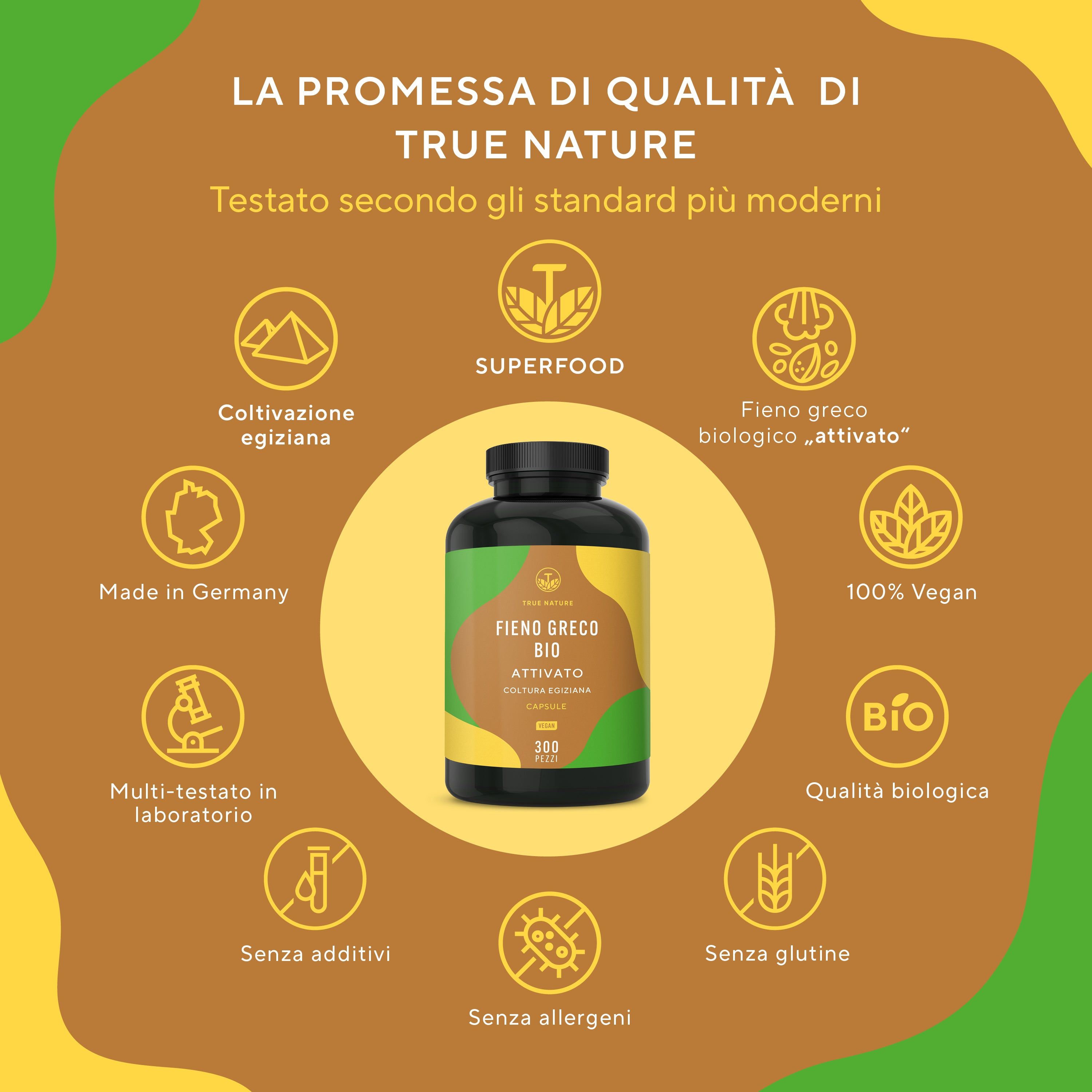 Flacone con capsule. Testo: TRUE NATURE, FIENO GRECO BIO, attivato, 100% Vegano, Bio, Made in Germany.
