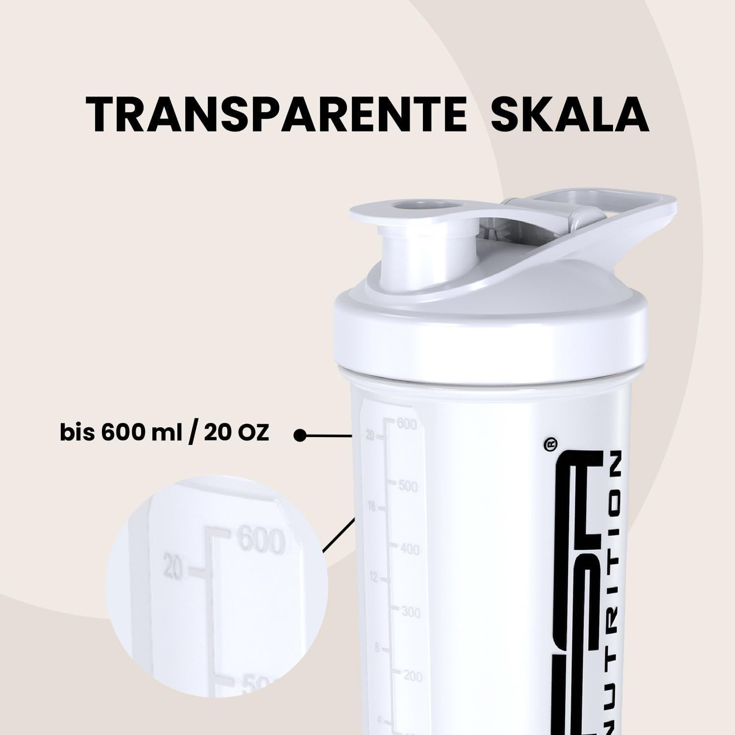 Weißer Protein Shaker mit transparenter Skala bis 600 ml. FSA NUTRITION Logo.