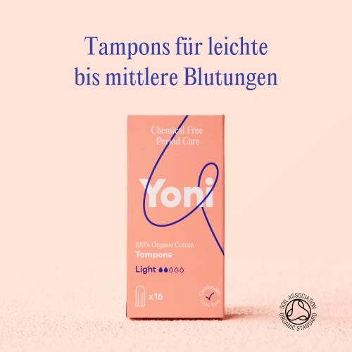 Verpackung mit Tampons. Marke Yoni, 100% Bio-Baumwolle, Light. 16 Stück.