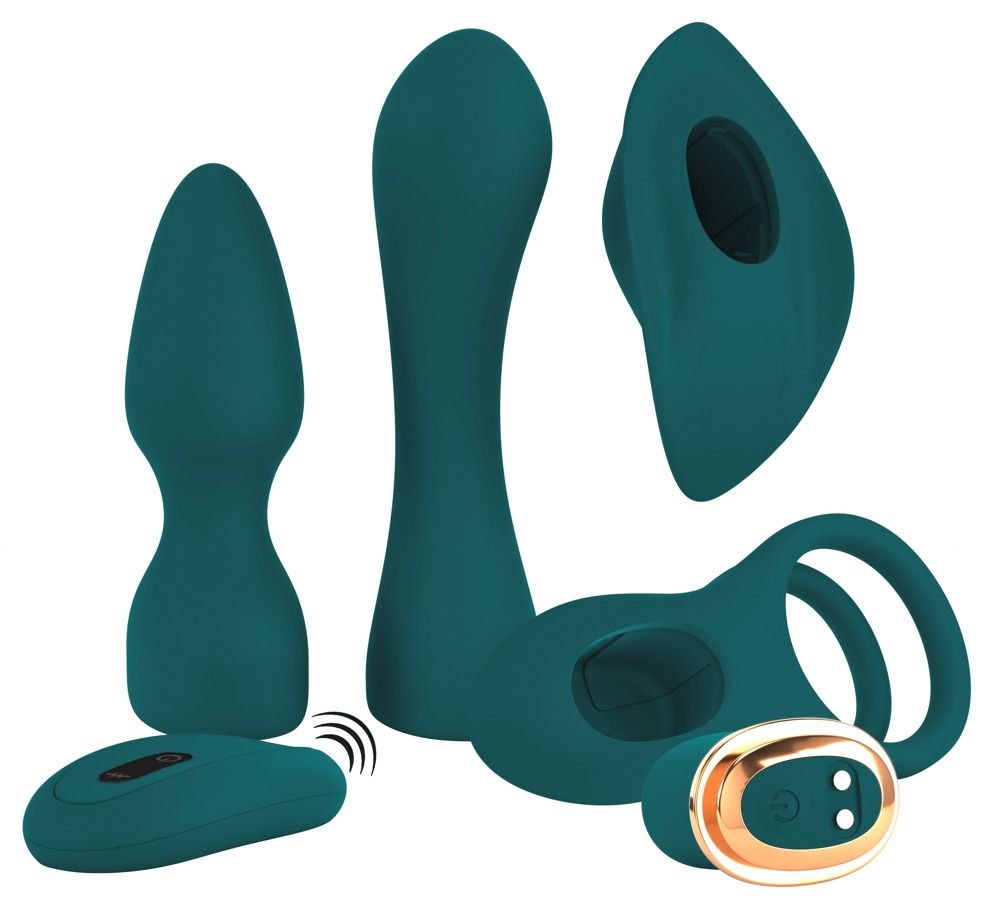Set aus fünf teal-farbenen Wellness-Produkten, darunter ein Vibrator, ein Analplug, ein Ring und eine Fernbedienung.