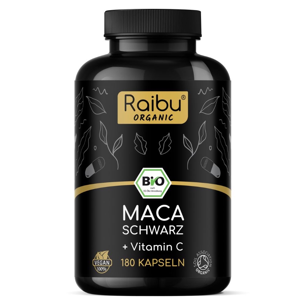 BIO Maca Kapseln Schwarz 3200 mg Tagesdosis, Mit natürlichem Vitamin C - Raibu 180 St