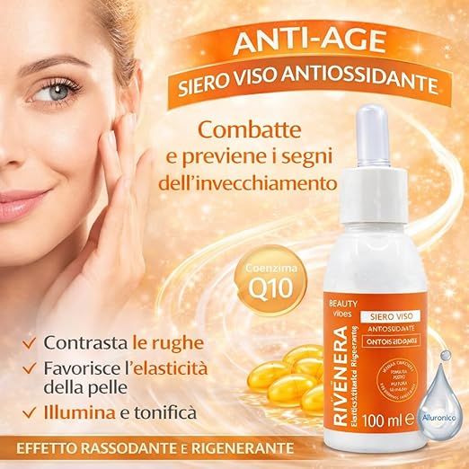 Gesichtsserum-Flasche mit Pipette. Text: Anti-Age, Siero Viso Antiossidante, Coenzima Q10. Frau berührt Gesicht.