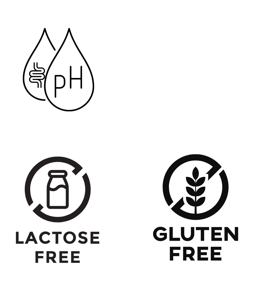 Symbole für Neapharma Omega 3: pH-Wert, Laktosefrei, Glutenfrei.