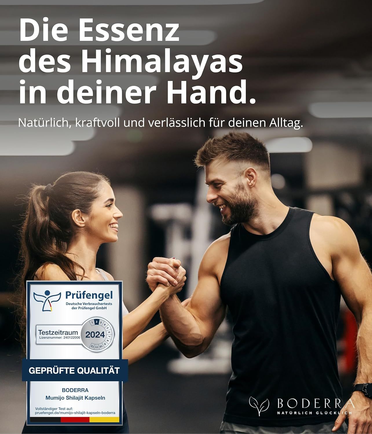 Paar im Fitnessstudio. Text: 'Die Essenz des Himalayas in deiner Hand.' Zertifizierungs-Label 'Geprüfte Qualität'.