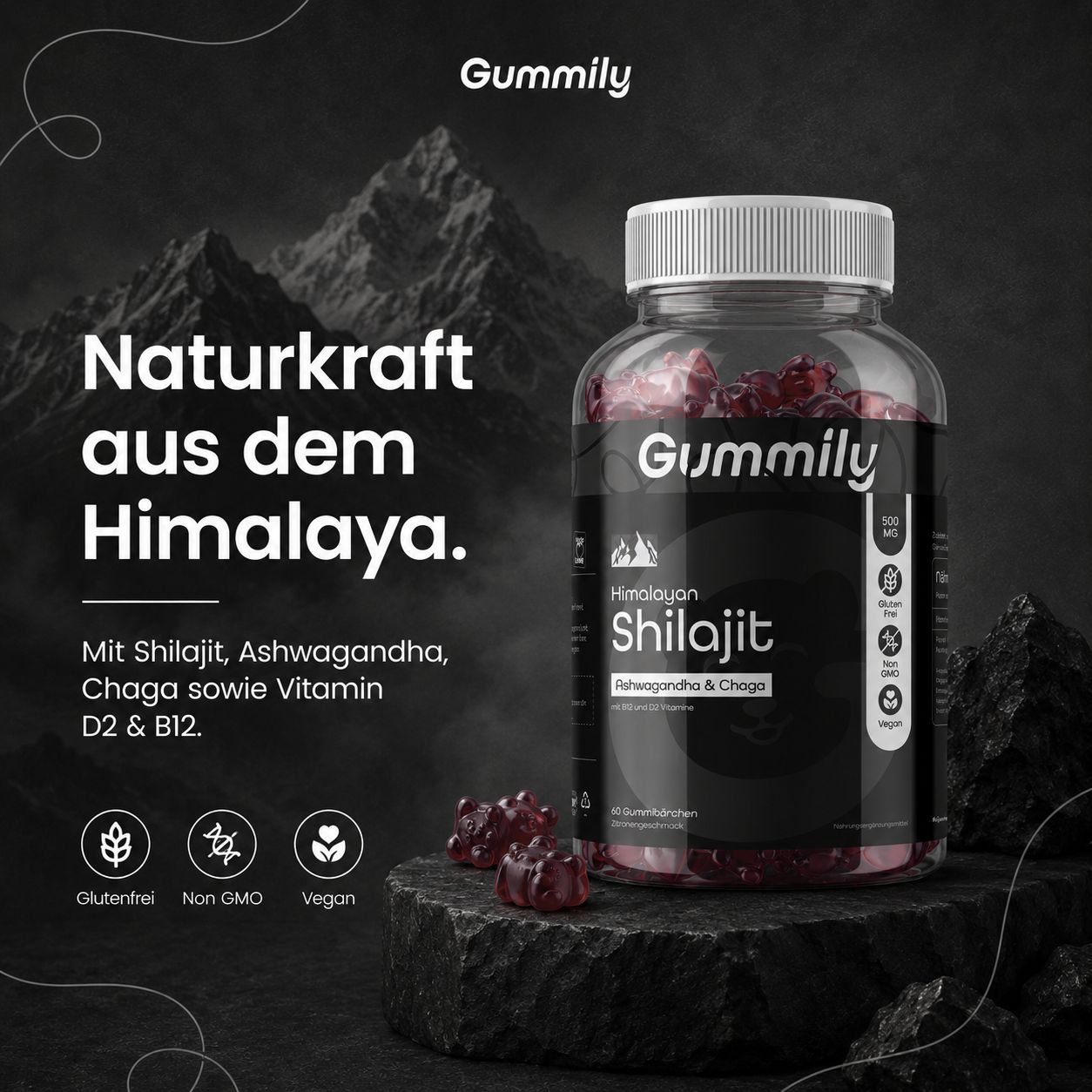 Gummily Himalayan Shilajit Flasche mit roten Gummibärchen. Enthält Shilajit, Ashwagandha, Chaga, Vitamin D2 & B12. Glutenfrei, Non GMO, Vegan.