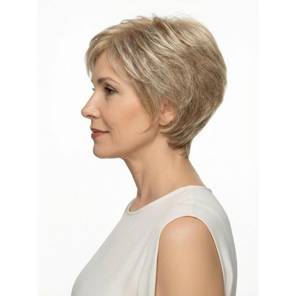 Kurzhaarperücke in Blondtönen. Seitenansicht einer Frau mit Perücke. Helles Oberteil.