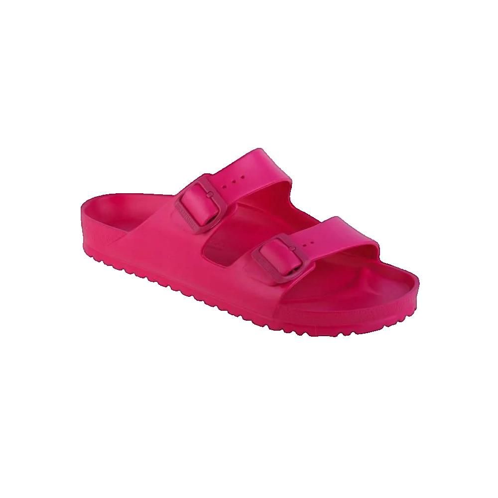 Sandali rosa con due cinturini e fibbie. Suola sagomata.