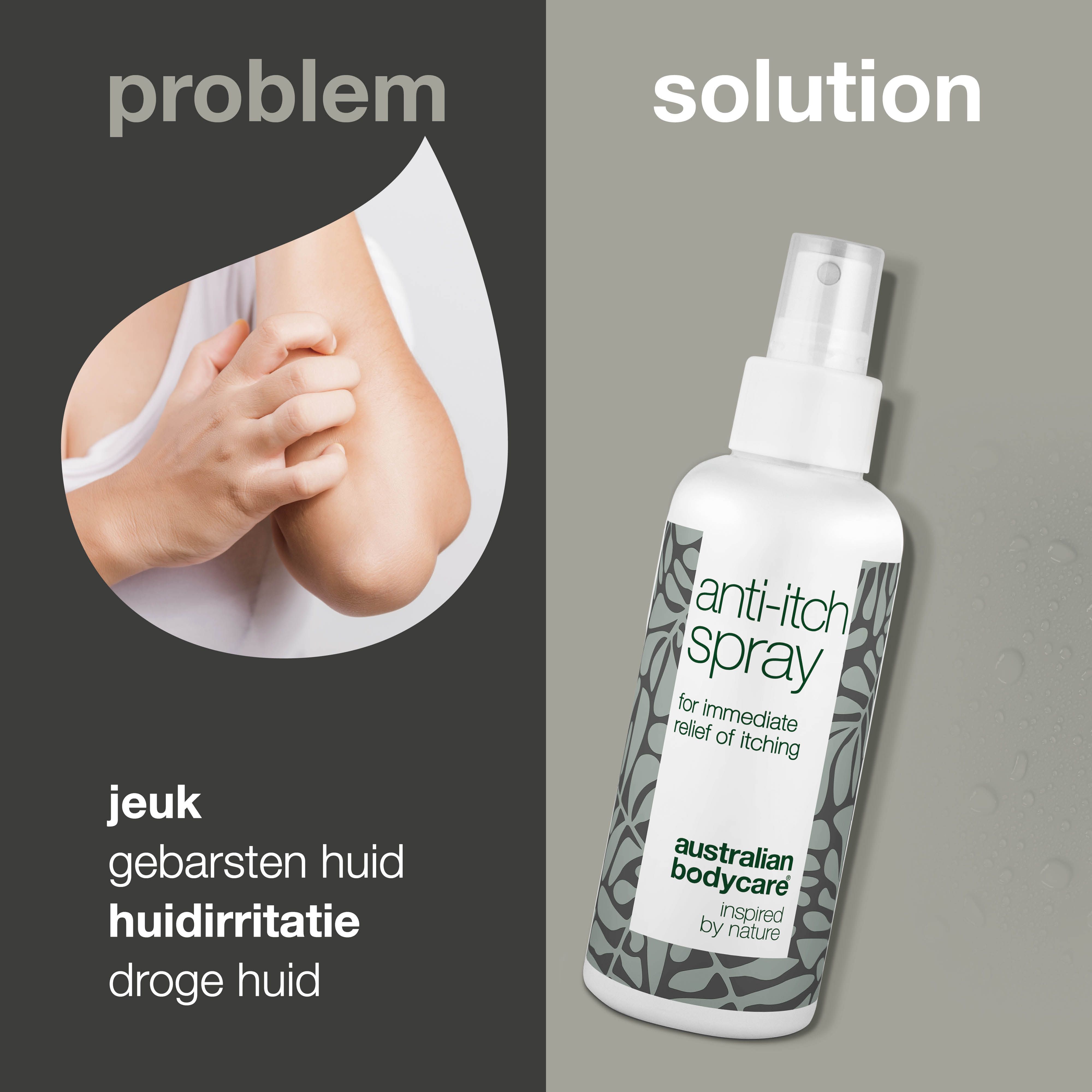 Product- en probleemweergave. Spray tegen jeuk naast huid met jeuk.
