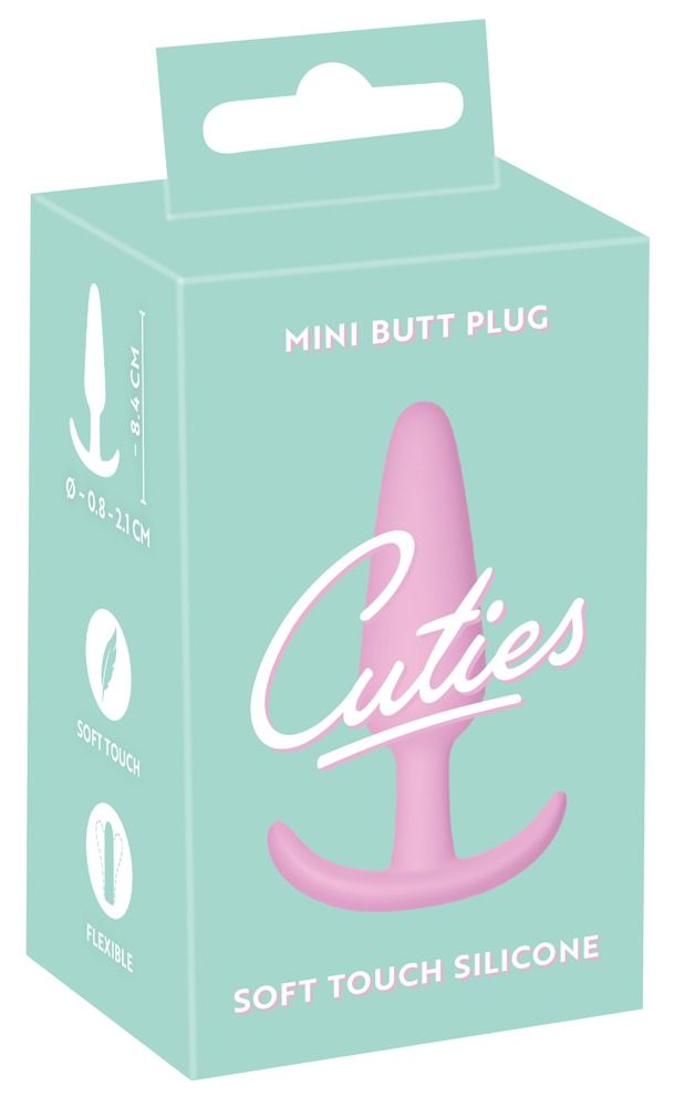 Verpackung mit rosa Plug. Aufschrift: Cuties, Mini Butt Plug, Soft Touch Silicone.