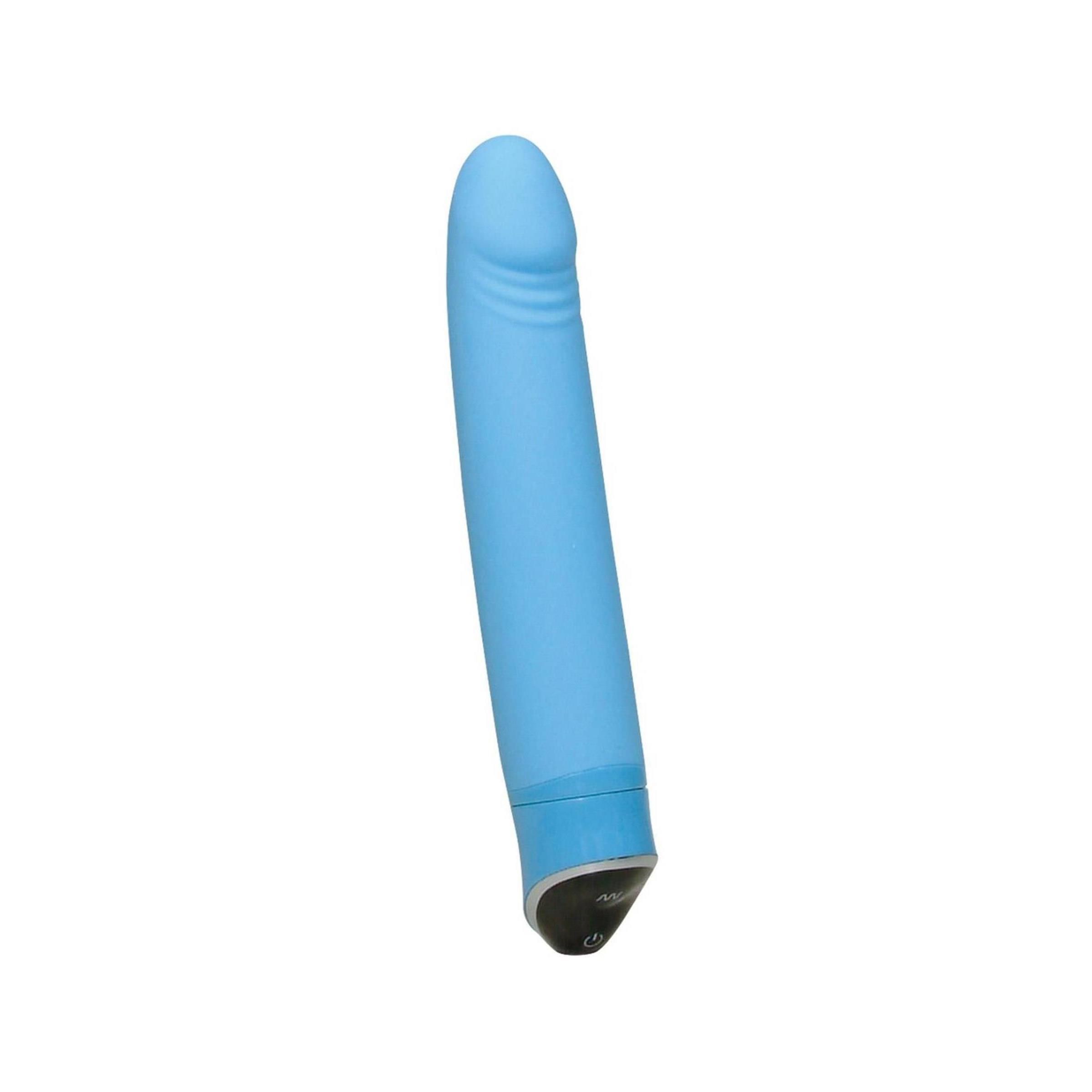Blauer Vibrator. Zylindrische Form mit abgerundeter Spitze. Unterteil mit Bedienfeld. Produktname nicht sichtbar.