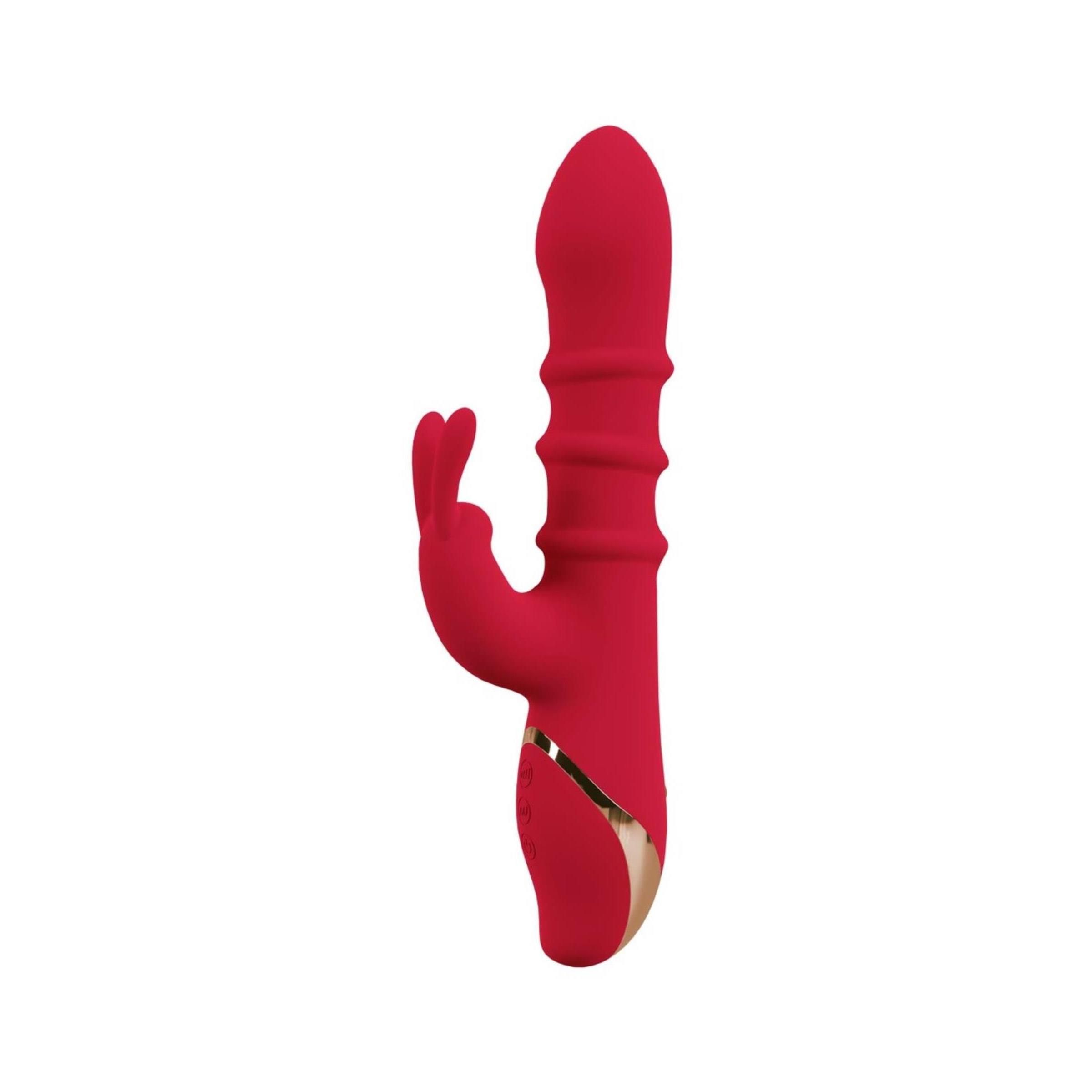 Roter Vibrator mit Hasenohren und goldfarbenem Akzent. Seitenansicht.