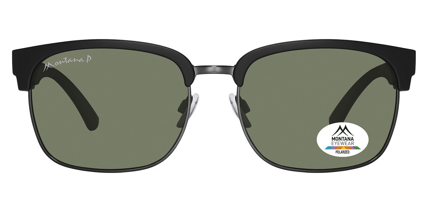 Sonnenbrille mit schwarzem Rahmen und grünen Gläsern. Montana Eyewear Logo auf dem Glas und Bügel. Runde Form.