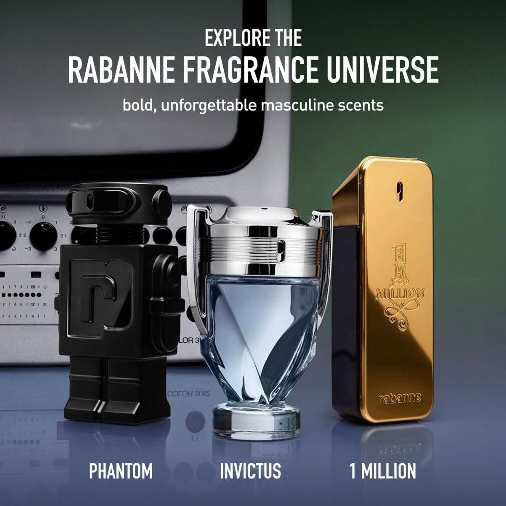 Drei Parfümflakons. Roboterform, silberfarben. Invictus-Flakon, goldener Flakon mit "1 Million"-Schriftzug.