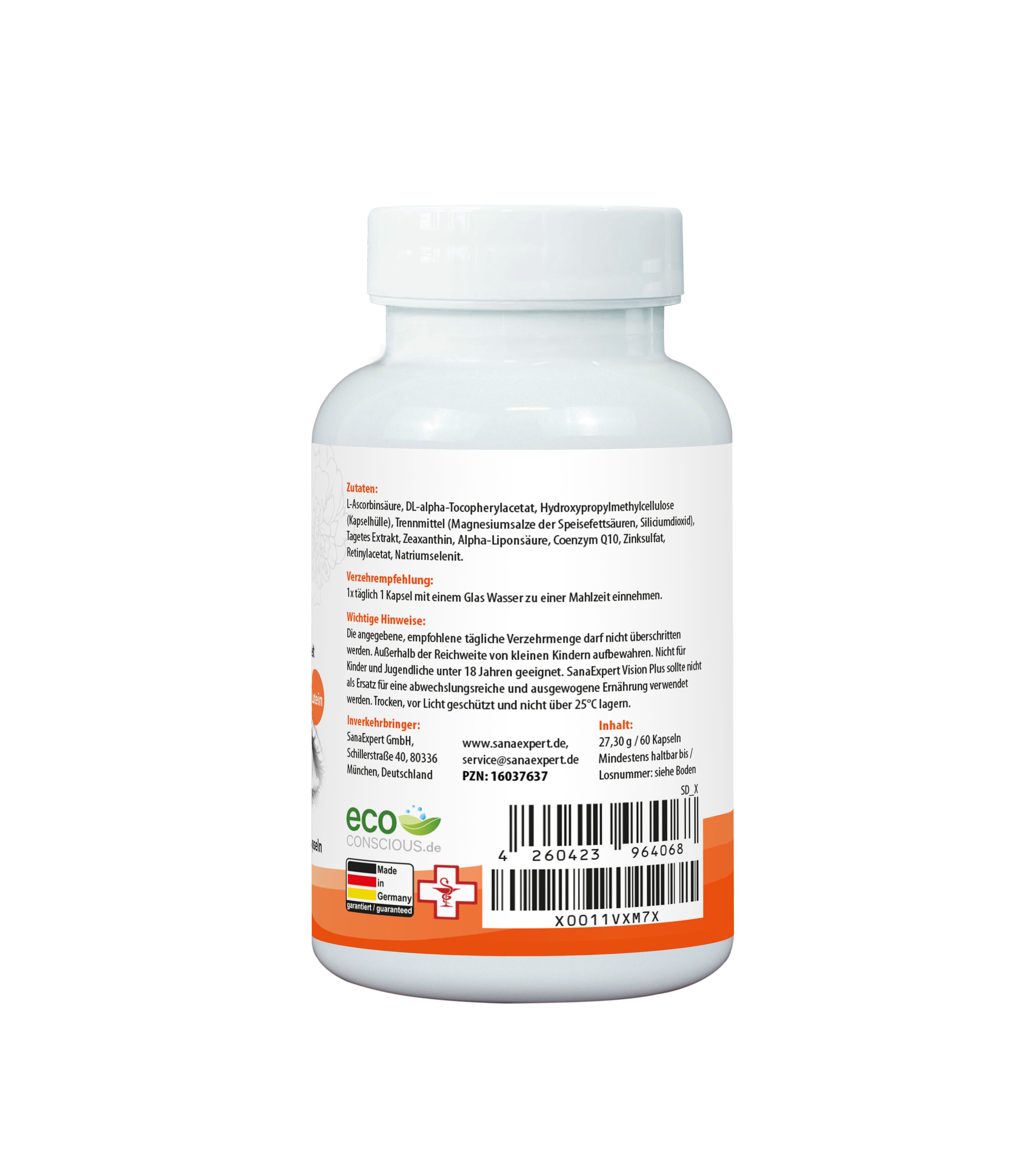 Rückseite der SanaExpert Vision Plus-Flasche. Enthält Inhaltsstoffe, Anwendungshinweise und Kontaktinformationen. Text in Deutsch.
