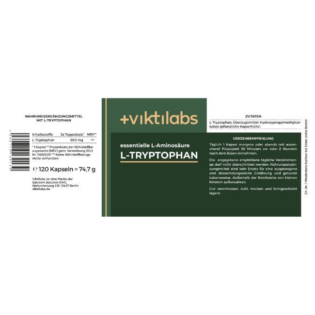 Produktetikett mit Text. Aufschrift: Viktilabs, essentielle L-Aminosäure L-Tryptophan. Informationen zu Inhaltsstoffen und Verzehrempfehlung.