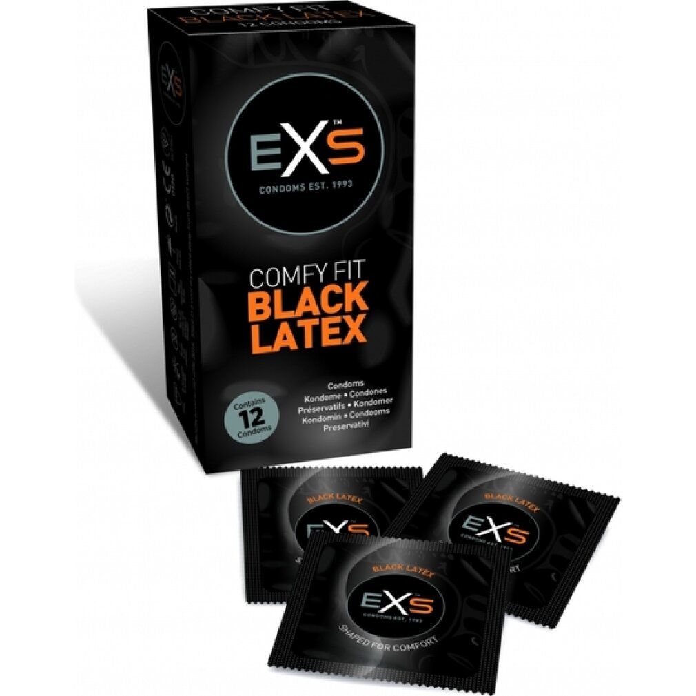 Schwarze Verpackung mit EXS Comfy Fit Black Latex Kondomen. 12 Kondome und 3 Einzelverpackungen.