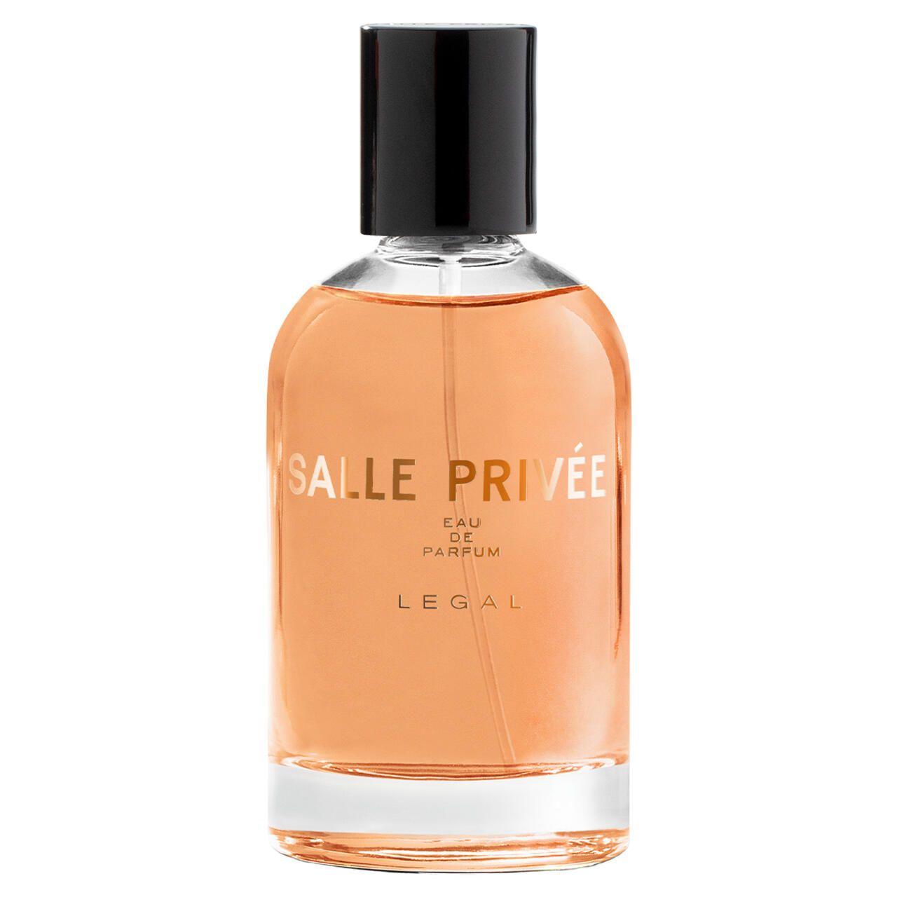 Parfümflasche mit schwarzem Deckel. Aufschrift: SALLE PRIVEE, LEGAL, Eau de Parfum.