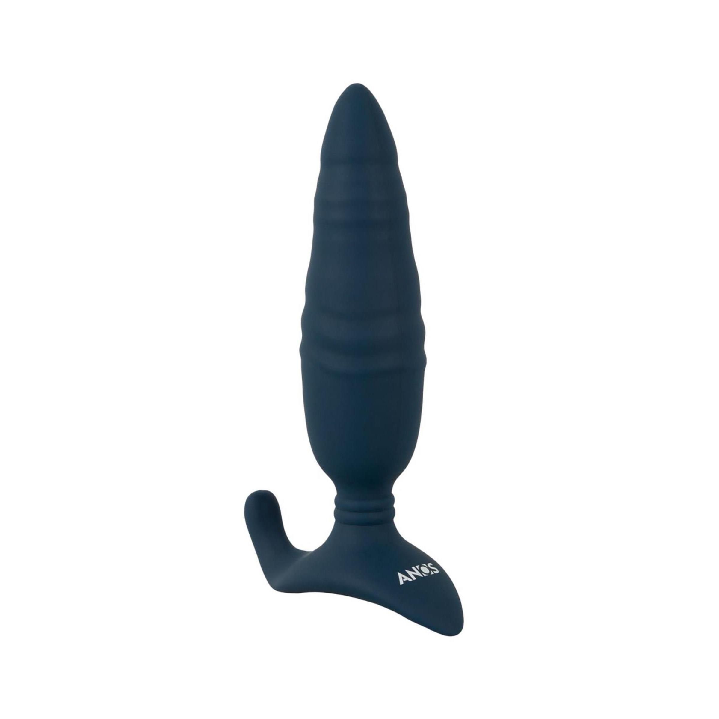 Blauer Anos RC Thrusting Butt Plug. Längliche Form mit Rillen und gebogener Basis. Marke ANOS am Fuß.