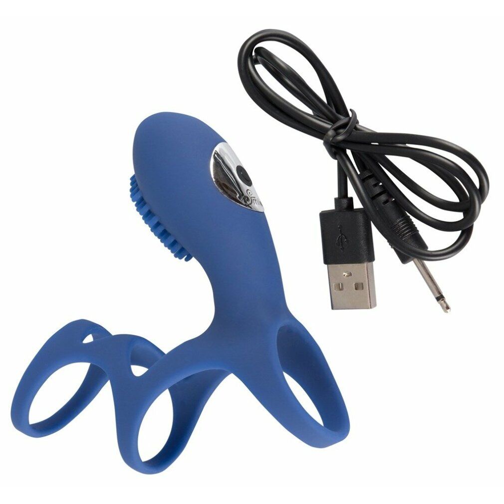 Blaues, silikonartiges Produkt mit USB-Kabel. Für intime Gesundheit.