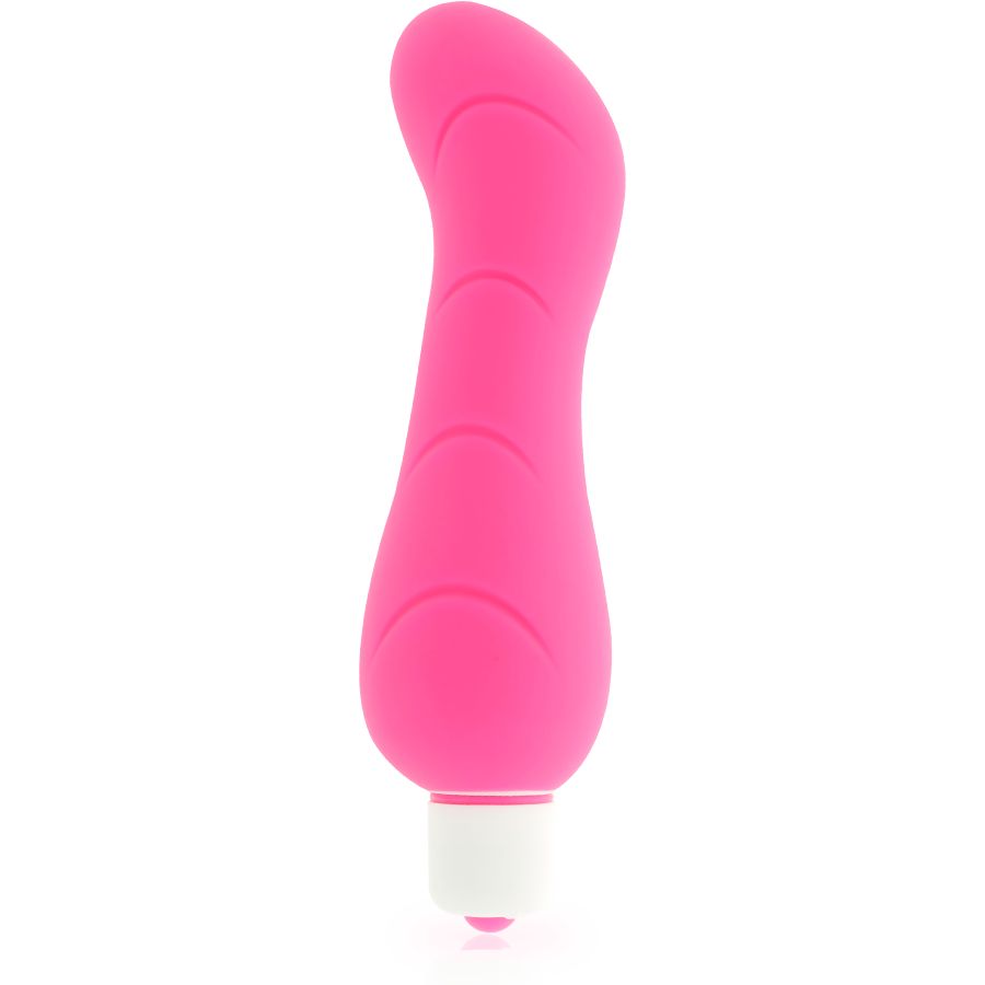 Rosa Vibrator aus Silikon. Geschwungene Form mit geriffelter Oberfläche. Weißer Kopf. Auf weißem Hintergrund.