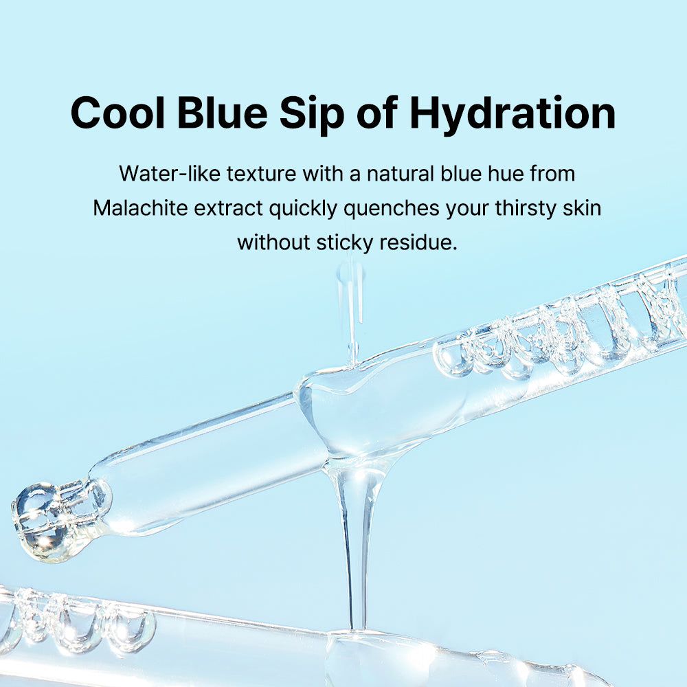 Pipette mit Serumtropfen. Text: Cool Blue Sip of Hydration.