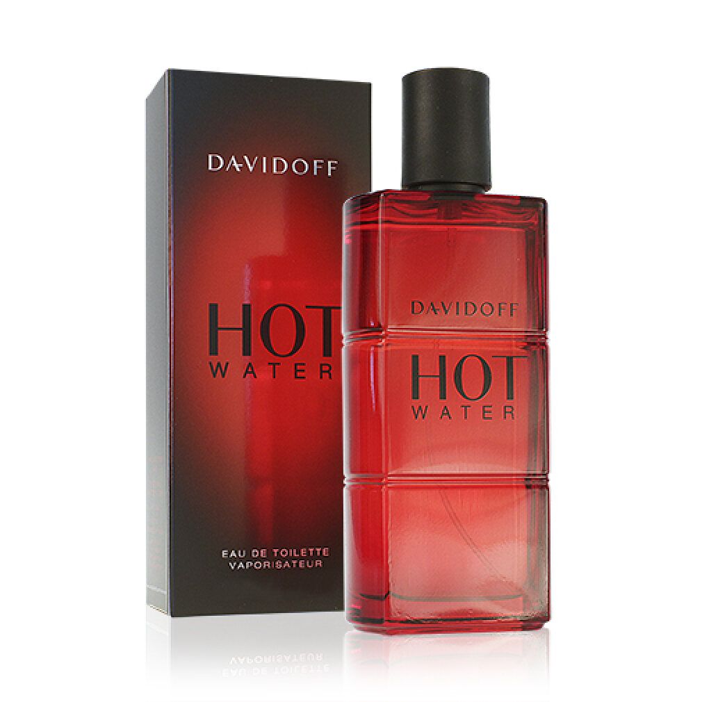 Davidoff Hot Water Edt Spray. Roter Flakon und Verpackung. Schwarzer Deckel. Schriftzug: Davidoff, Hot Water, Eau de Toilette, Vaporisateur.