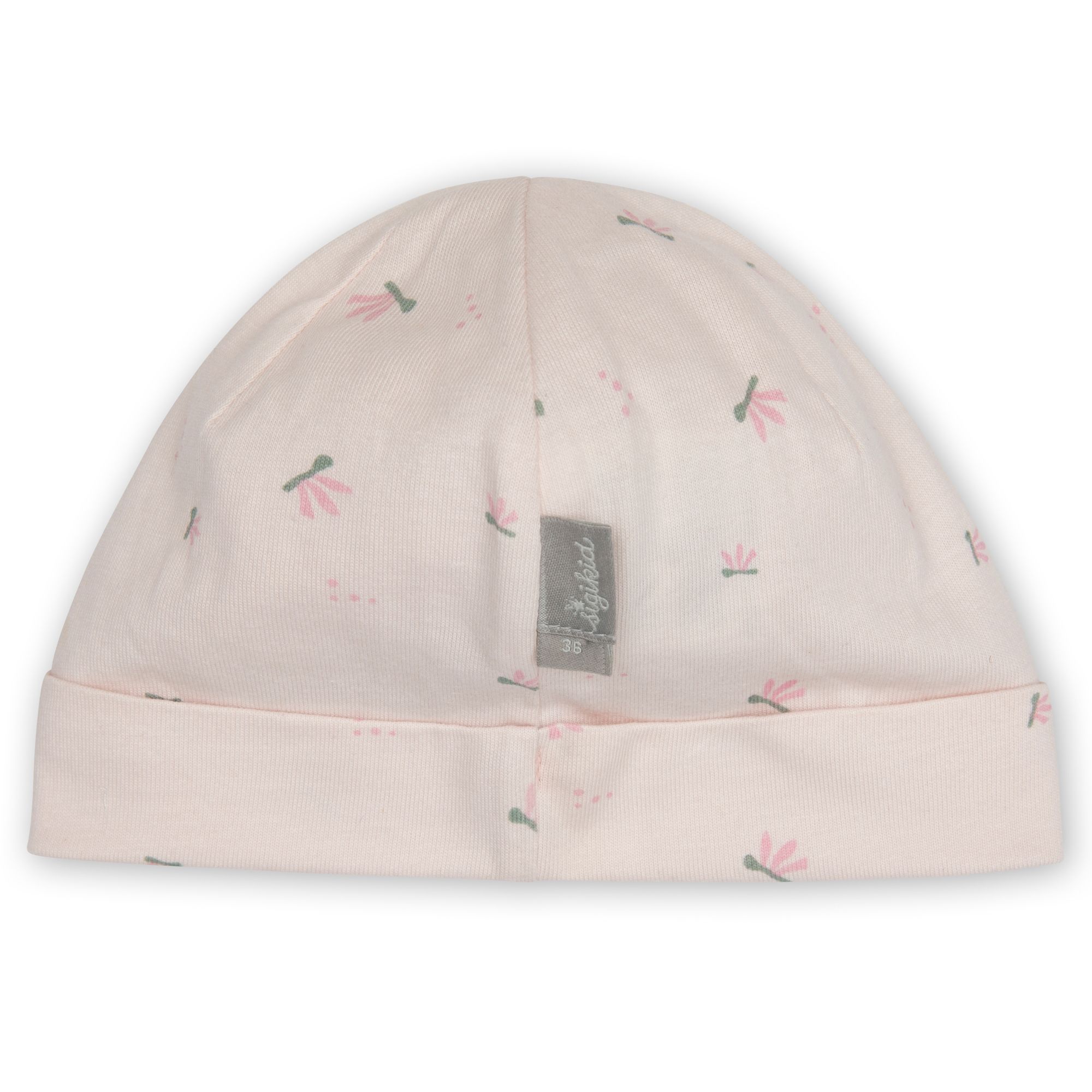 Rosa Mütze mit floralem Muster. Label mit Logo und Größenangabe. Rundes Design mit Saum.