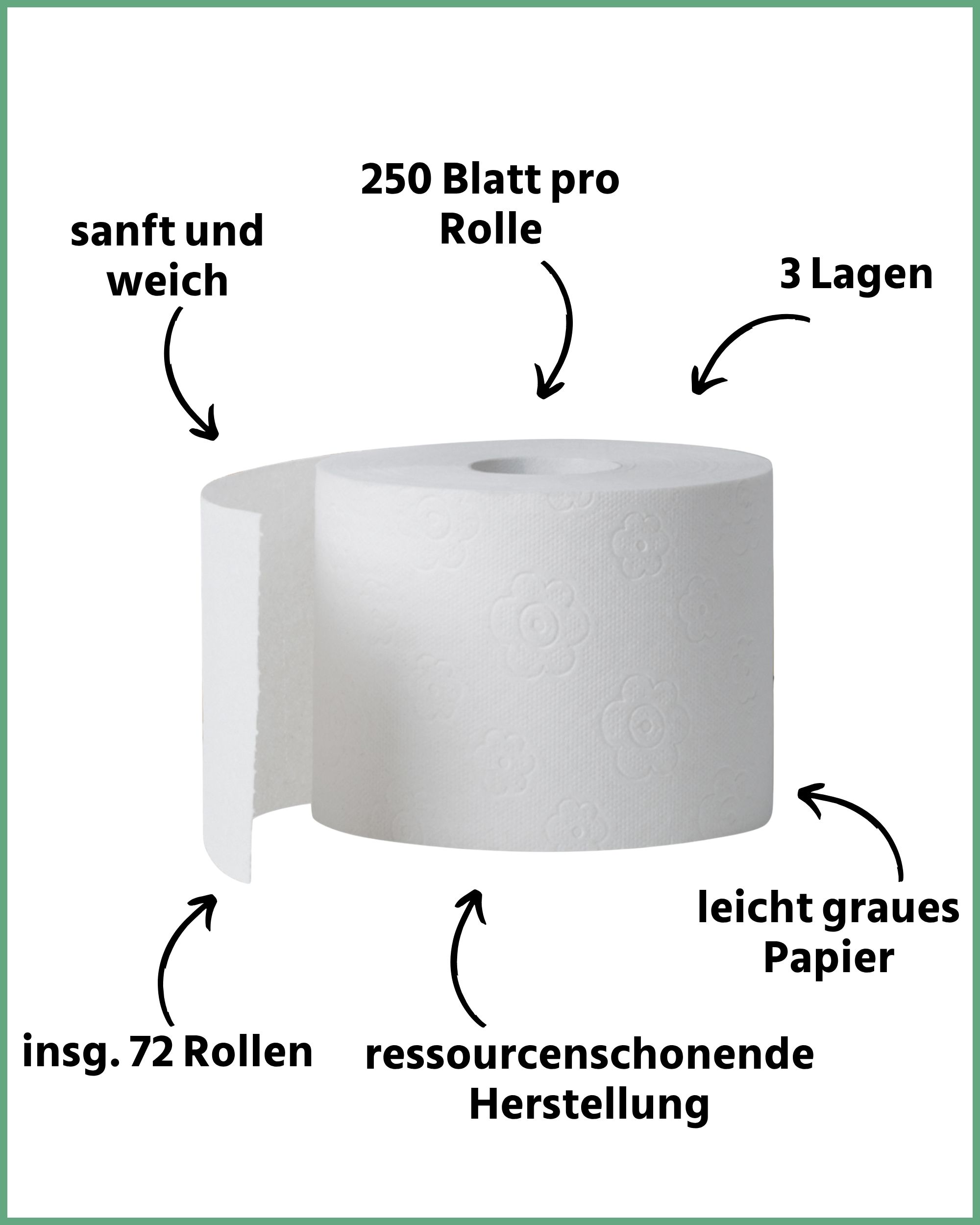 Einzelne Rolle Toilettenpapier. 250 Blatt pro Rolle, 3-lagig, leicht graues Papier. Hergestellt aus Altpapier.