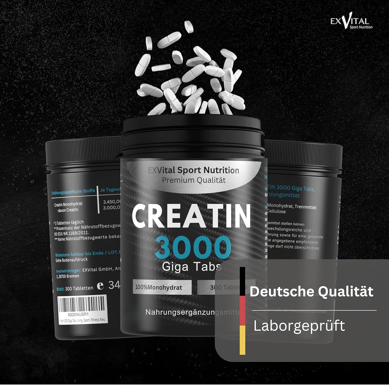 Drei Dosen Creatin 3000 Giga Tabs. Aufschrift: 300 Tabletten. Deutsche Qualität, Laborgeprüft.