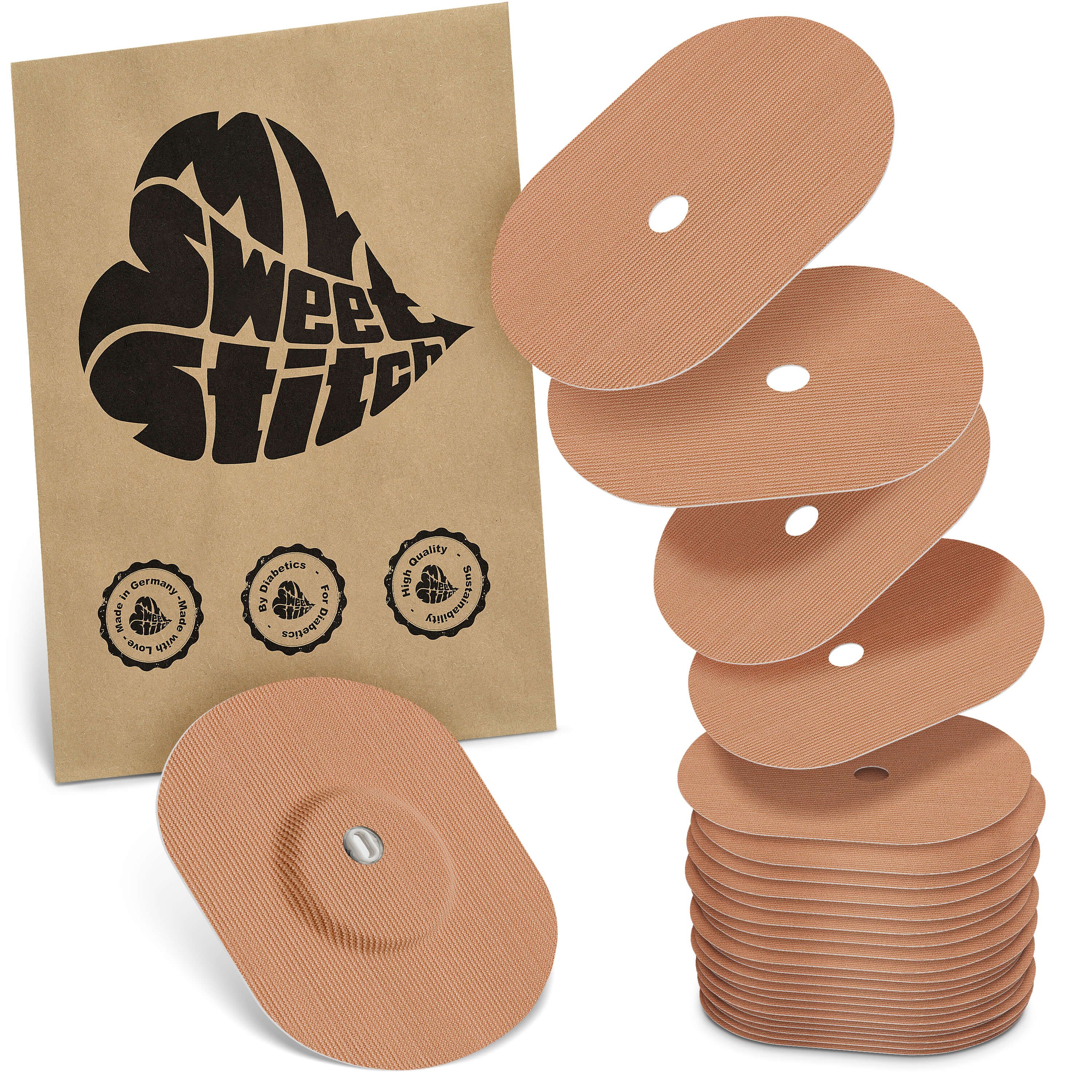 Produktverpackung mit ovalen Pflastern. Braune Verpackung mit Logo. Pflaster gestapelt und einzeln. Zertifizierungen.