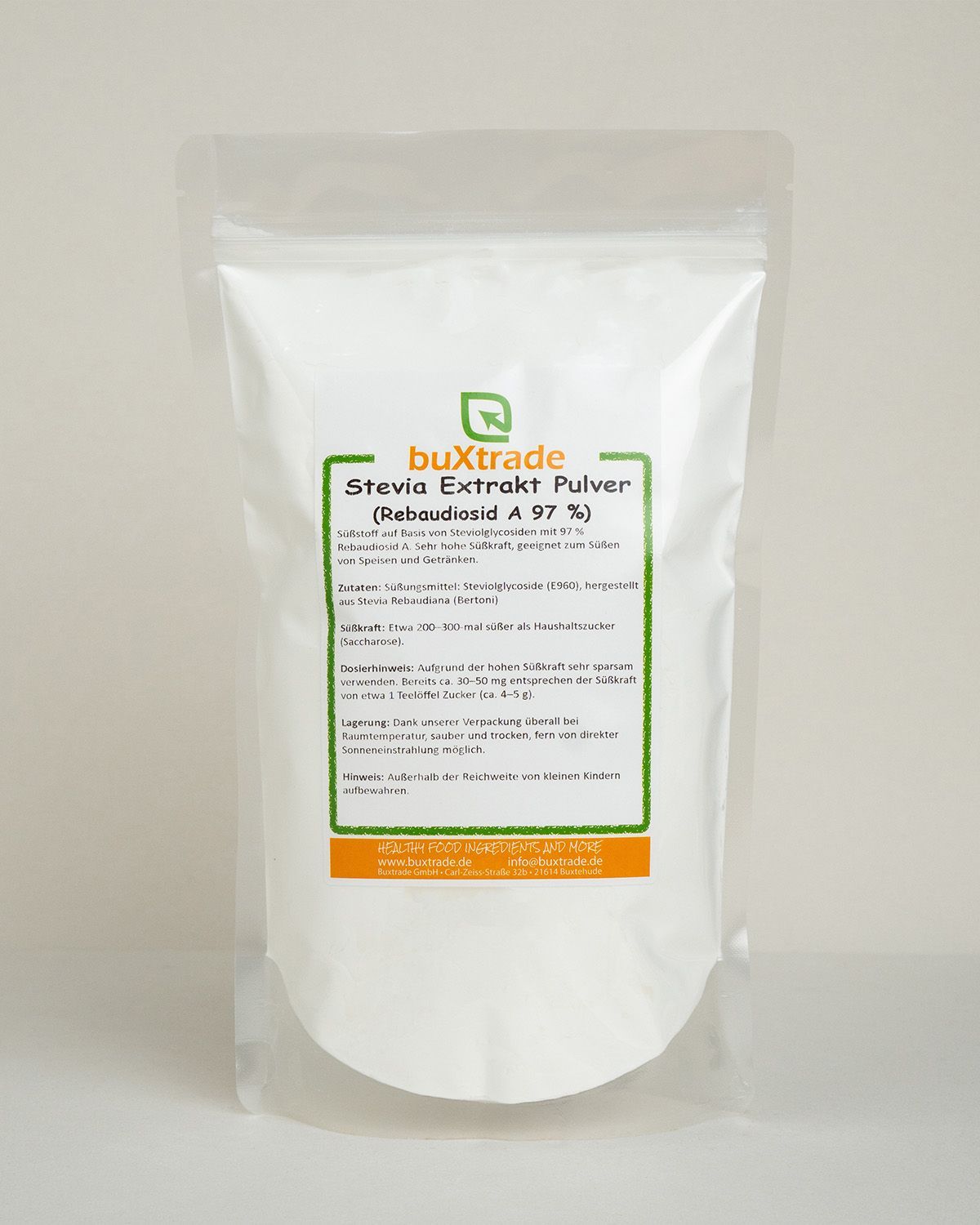 Verpackung mit buXtrade Stevia Extrakt Pulver, 97% Rebaudiosid A.