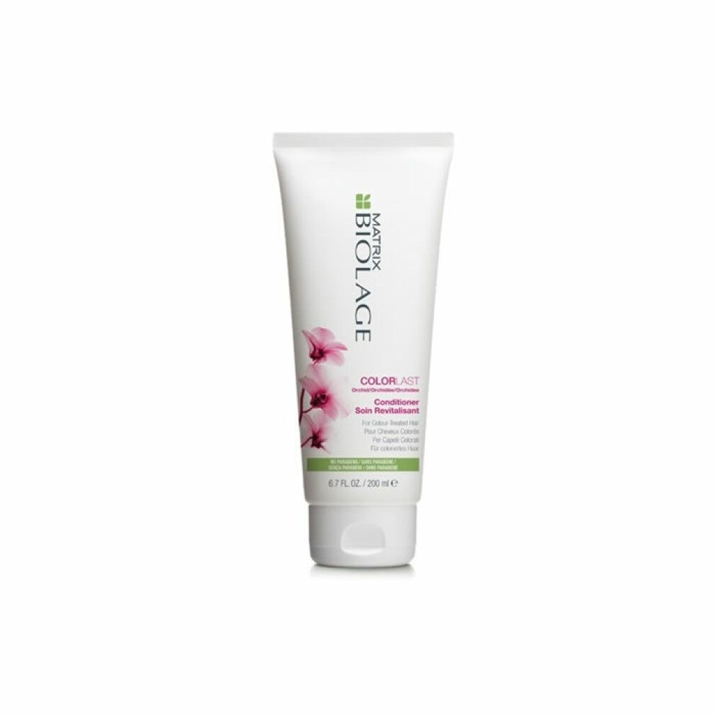 Weißer Conditioner-Tuben mit Matrix Biolage-Logo, ColorLast-Text und Orchideen-Illustration.