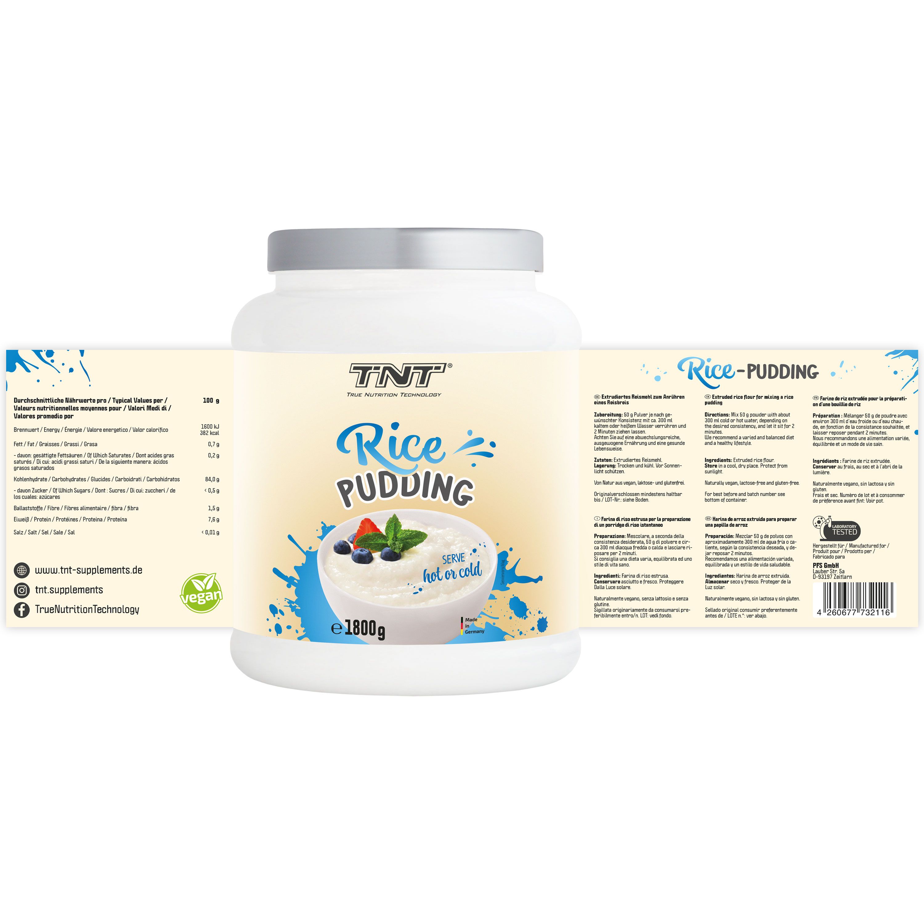 TNT Rice Pudding - 100% extrudiertes Reismehl 1800 g Pulver