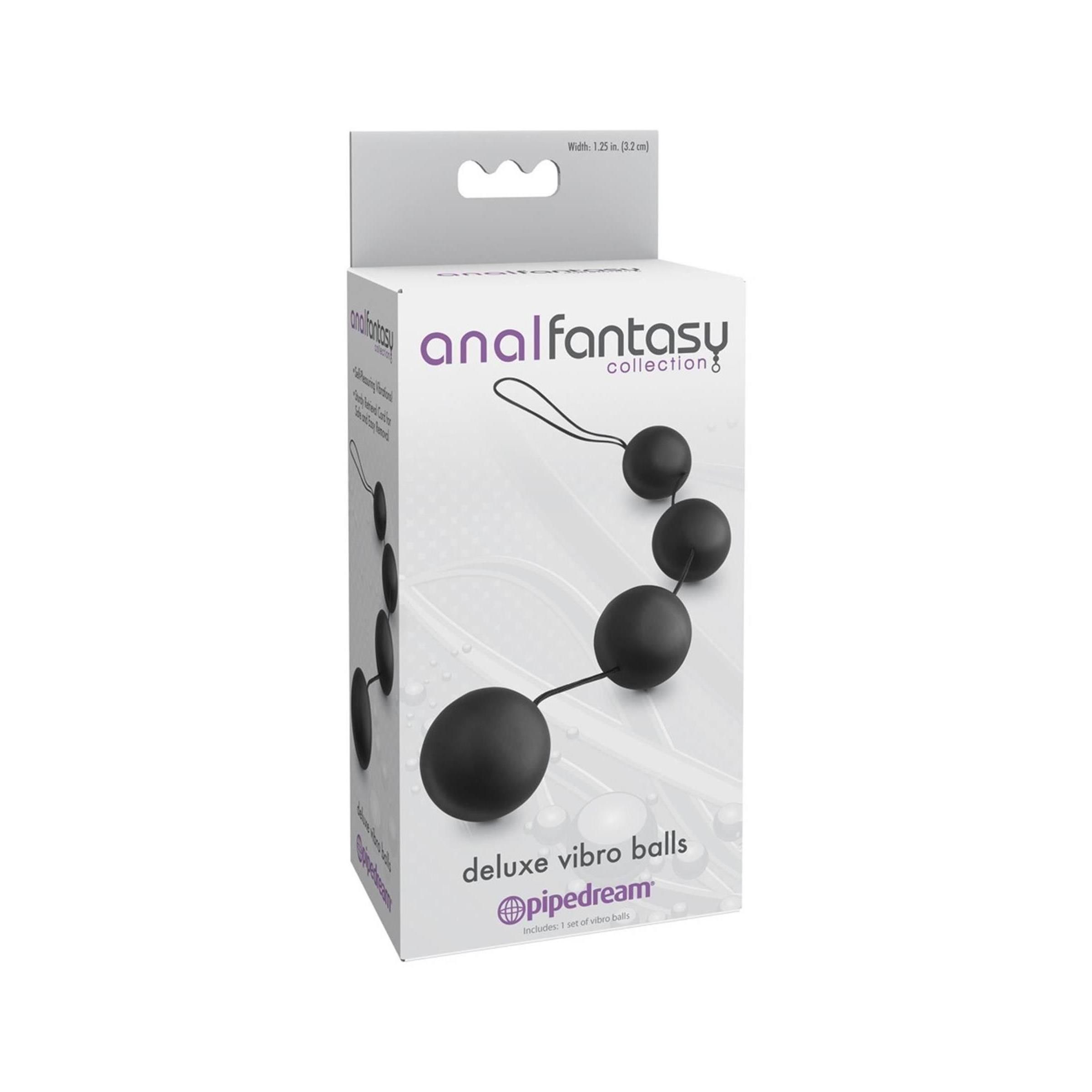 Verpackung mit Produkt. Aufschrift: Anal Fantasy Collection, Deluxe Vibro Balls. Marke: pipedream. Produkt mit vier schwarzen Kugeln.