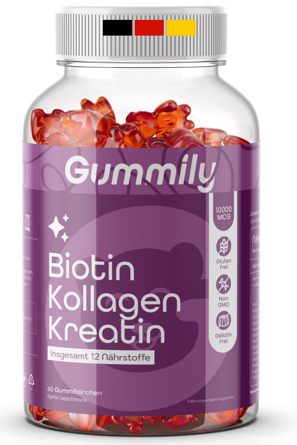 Glasflasche mit Gummibärchen. Aufschrift: Biotin, Kollagen, Kreatin. 12 Nährstoffe. Glutenfrei, Non-GMO.