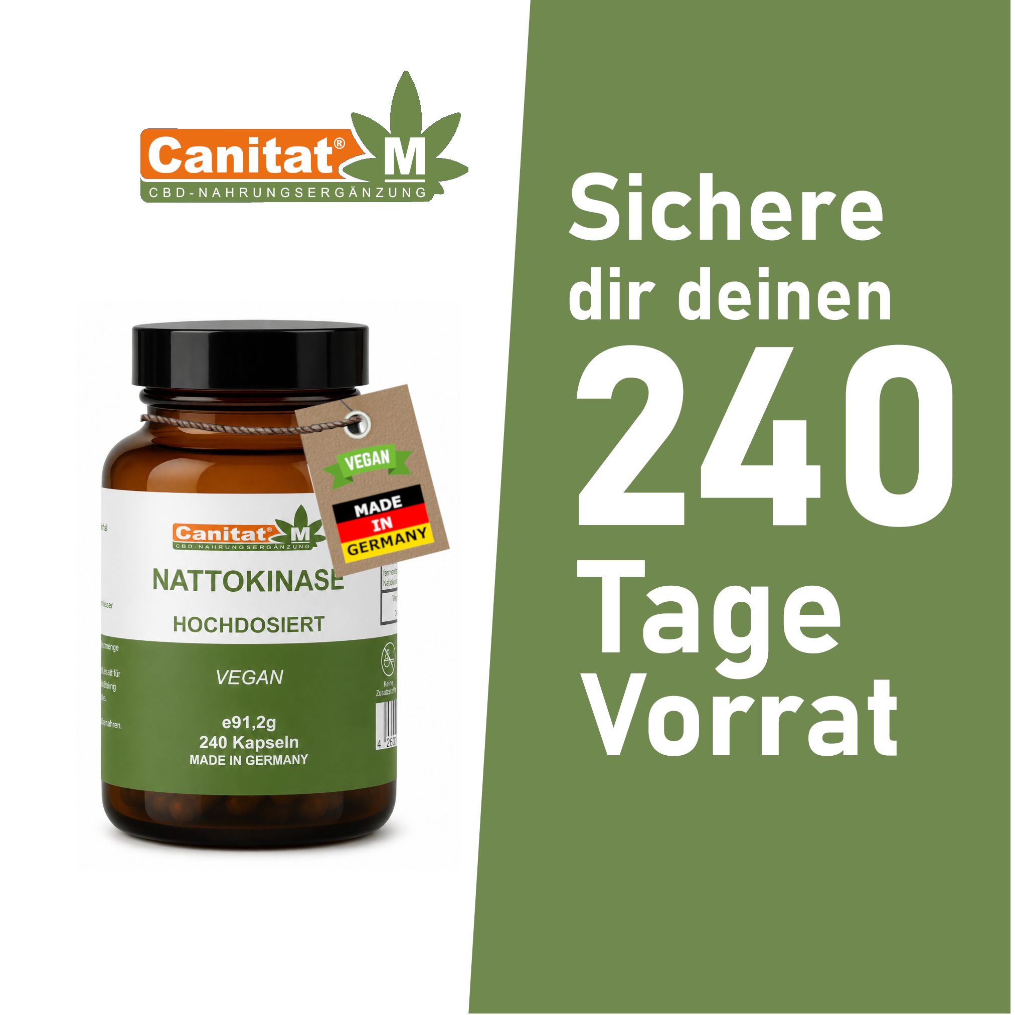 Braune Glasflasche mit schwarzen Deckel. Etikett mit Produktnamen Nattokinase, vegan, 240 Kapseln. Marke Canitat M. Mit Anhänger und Text.
