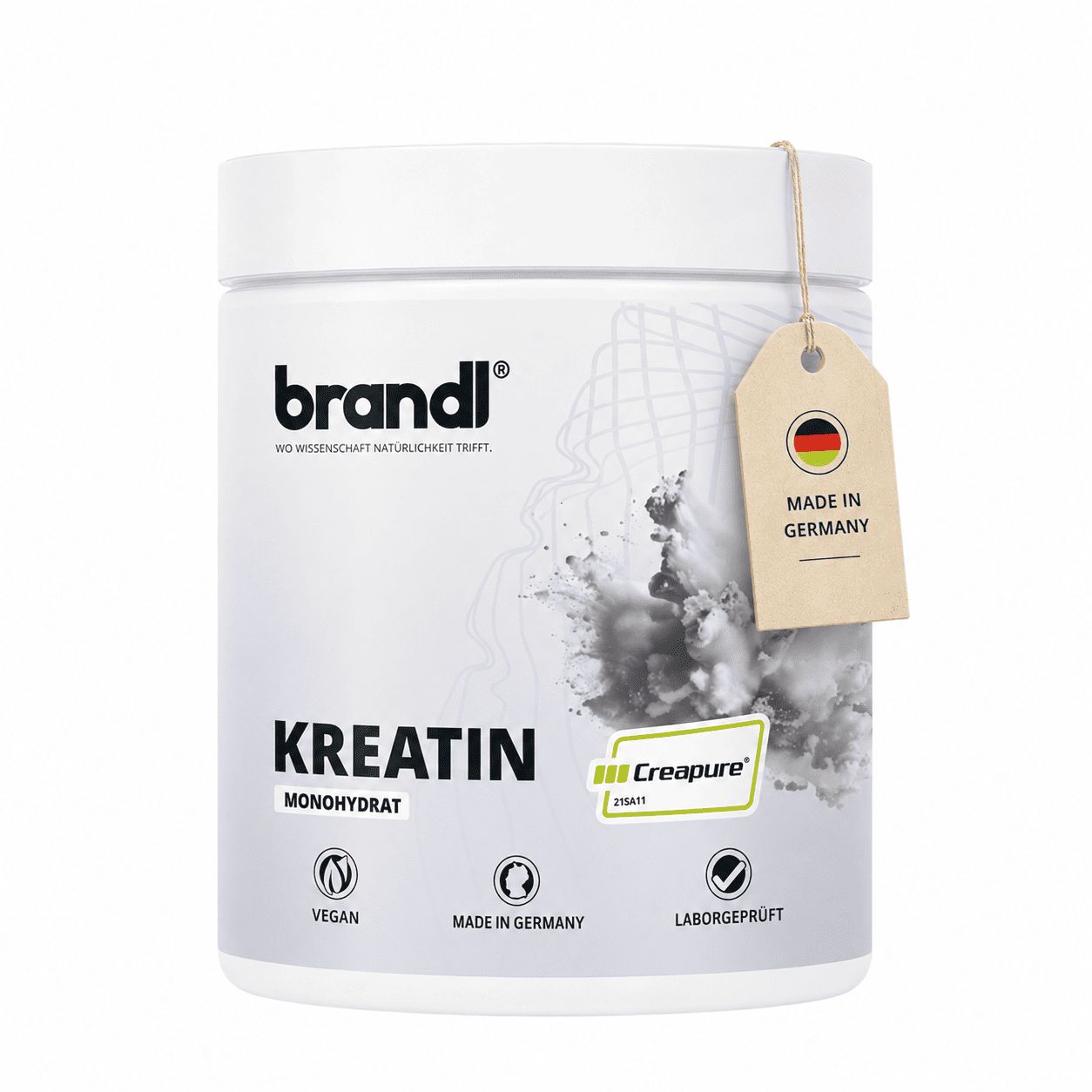 Kreatin-Dose mit Etikett. Aufschrift: Kreatin Monohydrat, vegan, Made in Germany, laborgeprüft. Etikett mit Deutschlandflagge.