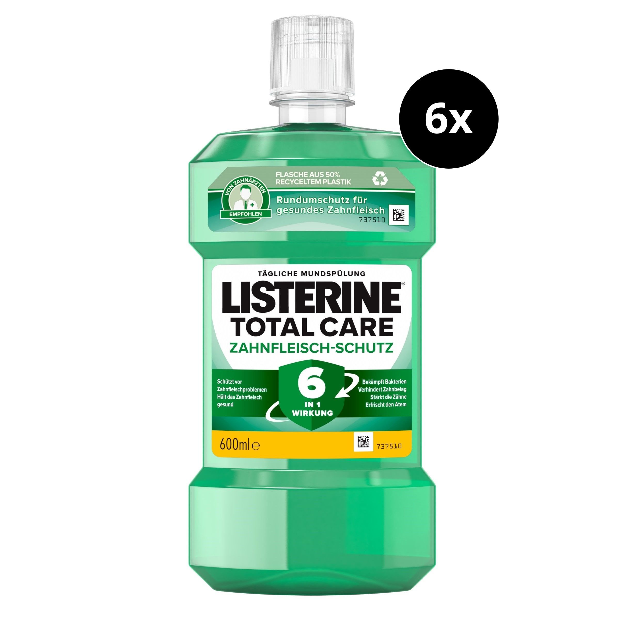 Grüne Flasche Listerine Total Care Zahnfleisch-Schutz, 600ml. Mit 6x Aufkleber.
