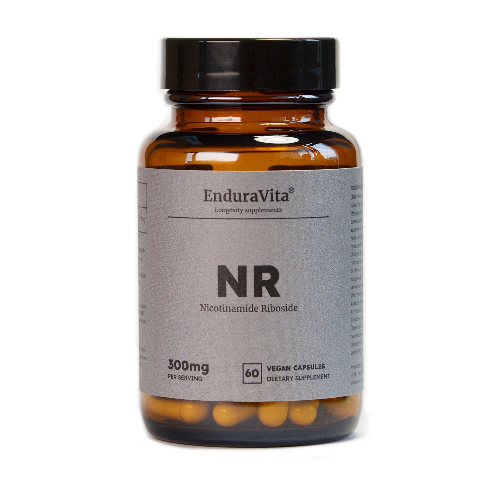 Braune Glasflasche mit schwarzen Deckel. Enthält gelbe Kapseln. Etikett mit Produktnamen und Informationen. 60 vegane Kapseln.