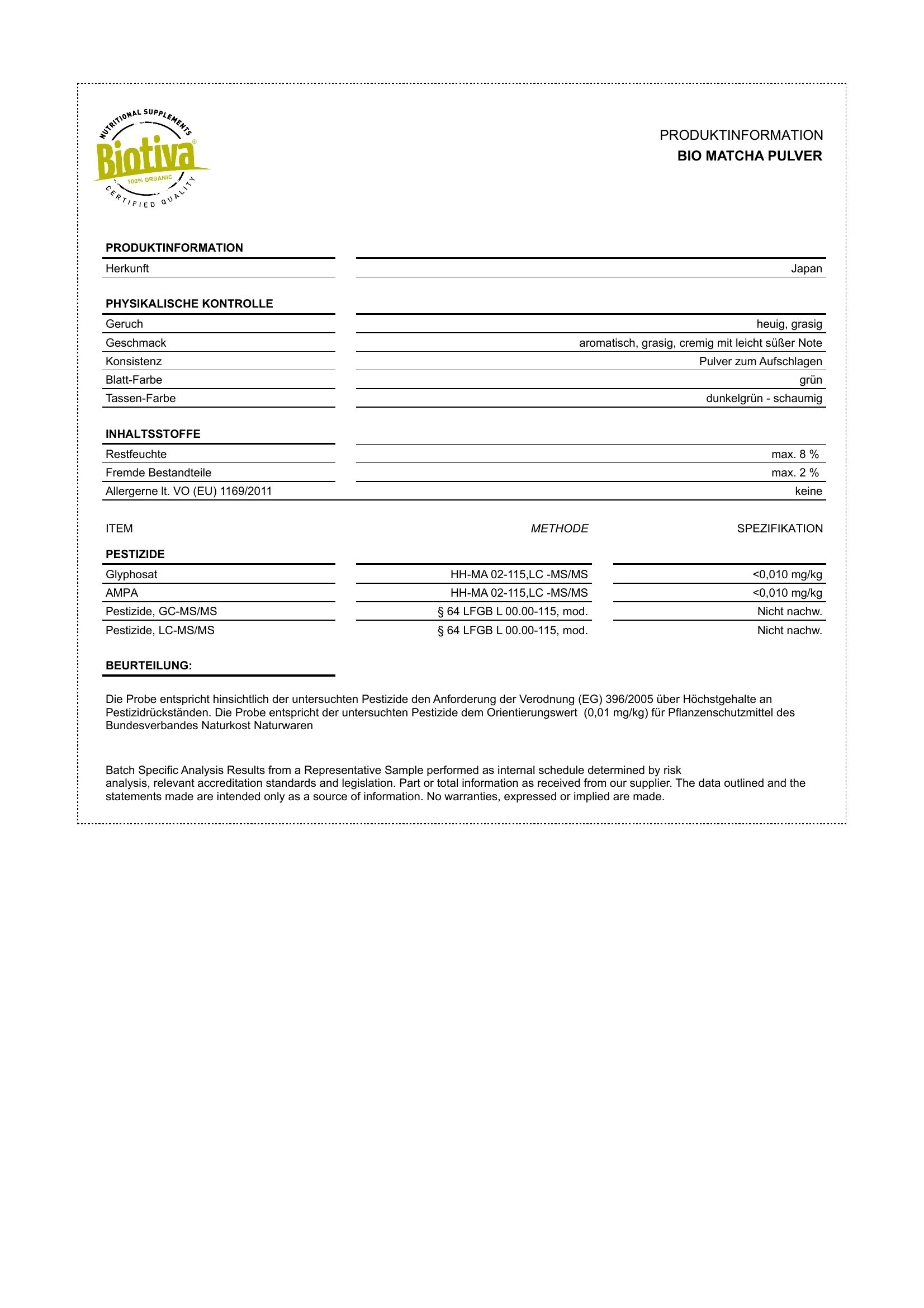 Produktinformationsblatt mit Biotiva-Logo. Enthält Informationen zu physikalischen Eigenschaften, Inhaltsstoffen und Pestiziden.