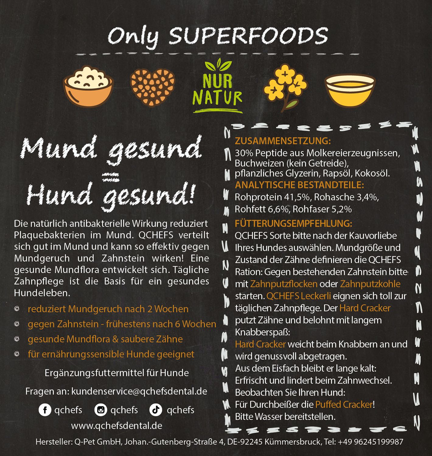 Infografik mit Text und Illustrationen. Enthält Informationen zu QCHEFS, Zutaten, Fütterungsempfehlung und Vorteile.