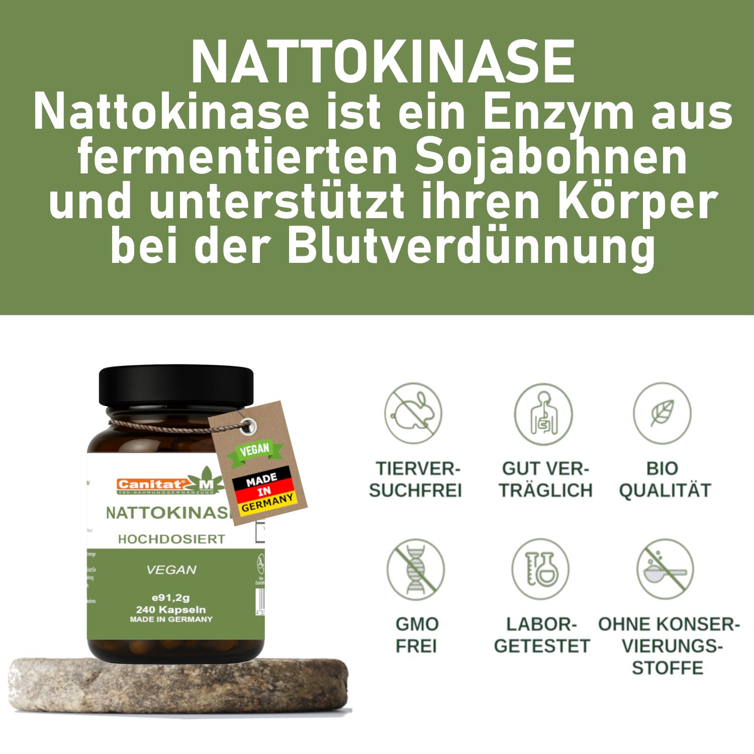 Braune Glasflasche mit schwarzen Deckel. Etikett mit Produktinformationen. Anhänger mit Vegan- und Made in Germany-Siegel. Text und Symbole.