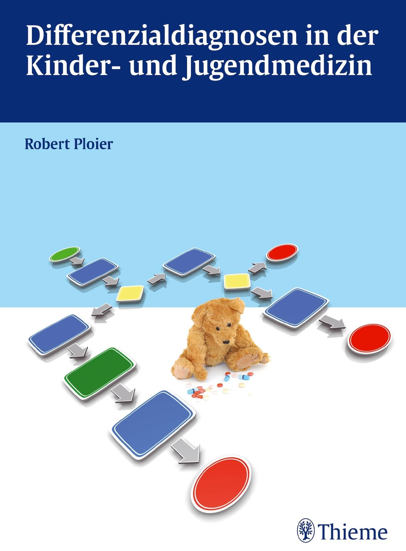 Buchcover: Differenzialdiagnosen in der Kinder- und Jugendmedizin. Titel, Autor und Illustrationen mit Teddybär und Diagrammen.