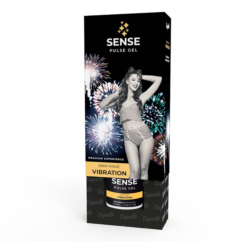 Gel-Flasche mit Pumpe in Verpackung. Schwarzes Etikett mit weißer Schrift: SENSE PULSE GEL, VIBRATION. Frau im Retro-Outfit vor Feuerwerk.